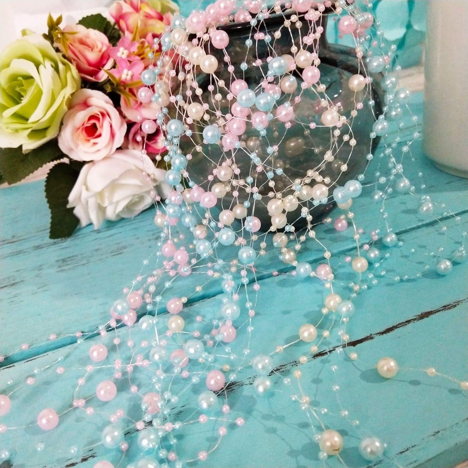 Pearl Trim Chain - 30/60 メートル 3-8 ミリメートル釣り糸人工真珠フラワービーズチェーン花輪の花クリスマスパーティーの装飾小道具 DIY アクセサリー
