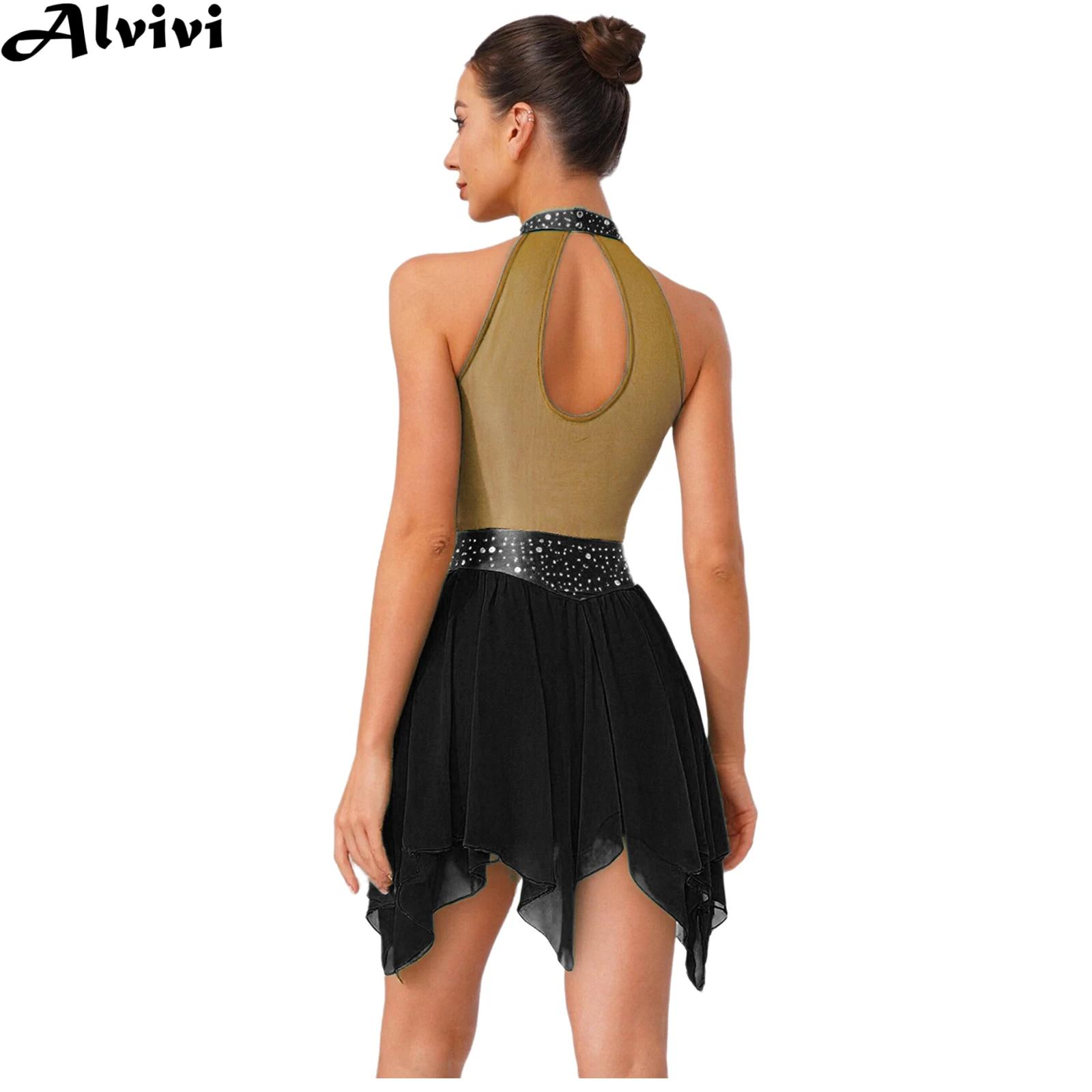 Rhinestone Banding Trim - 女性ノースリーブ光沢のあるラインストーンメタリックメッシュ叙情的なダンスレオタードドレスモダンダンスフィギュアスケートパフォーマンスダンスウェア