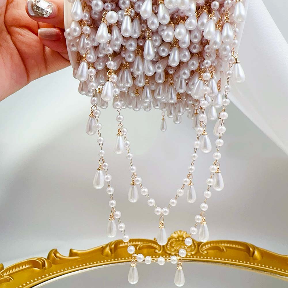 Pearl Trim Chain - 0.5 メートル 1 メートル模造パール水滴チャームビーズチェーンプラスチック白ボールビーズ銅チェーンネックレス布 DIY ジュエリーメイキング
