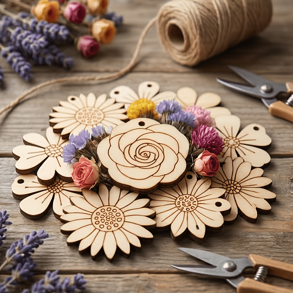 Easter Craft Embellishment Set - 50個/セット 35mmミックスフラワーウッドスライス スクラップブッキング木製クラフト 装飾用 手作りアクセサリー DIY