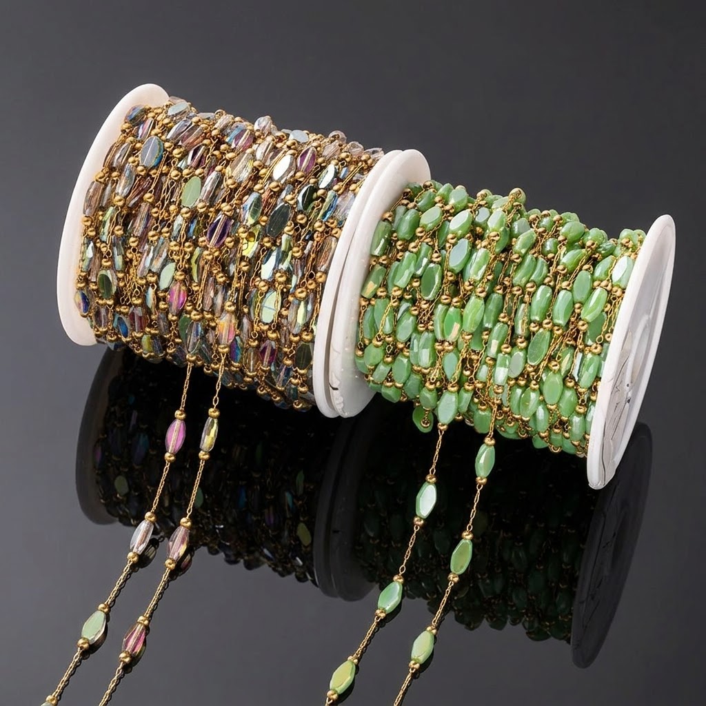 Pearl Trim Chain - 1 メートルのステンレス鋼ゴールドビーズクリスタル菱形チェーン DIY ブレスレットネックレスイヤリングジュエリー作成用品色褪せなし