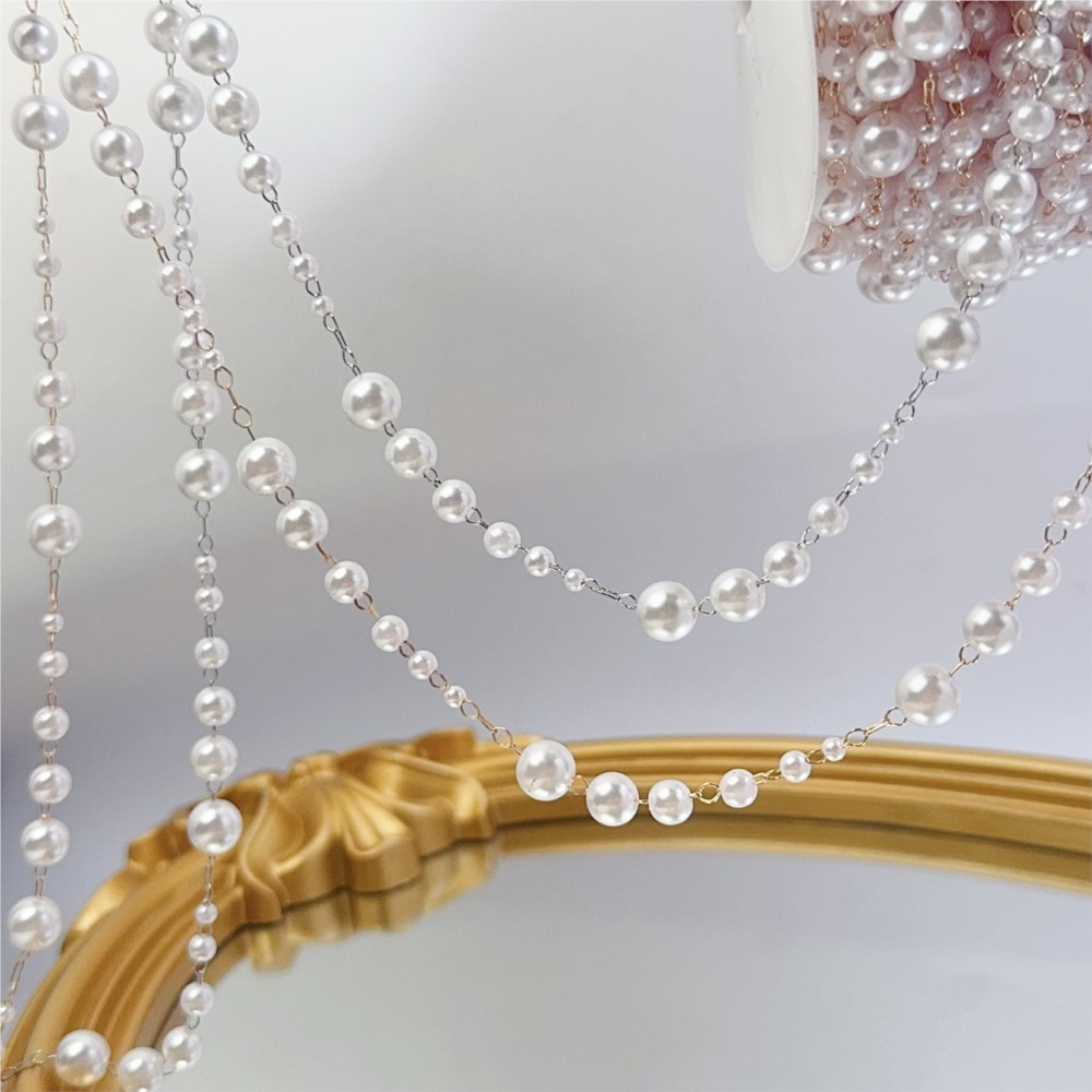1メートル 3-8mm フェイクパールビーズ 真鍮製リンクチ - Pearl Trim Chain のレビューと価格