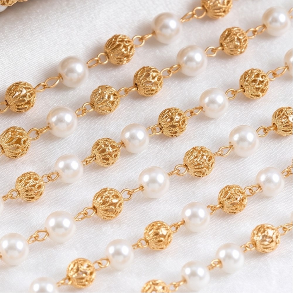 0.5メートル/1メートルフェイクパール真鍮チェーン、ジュエ - Pearl Trim Chain のレビューと価格